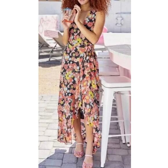 Modcloth Womens Bali Breeze Wrap Dress Size 2X Floral Retro Flowy Chiffon Black - Picture 2 of 9